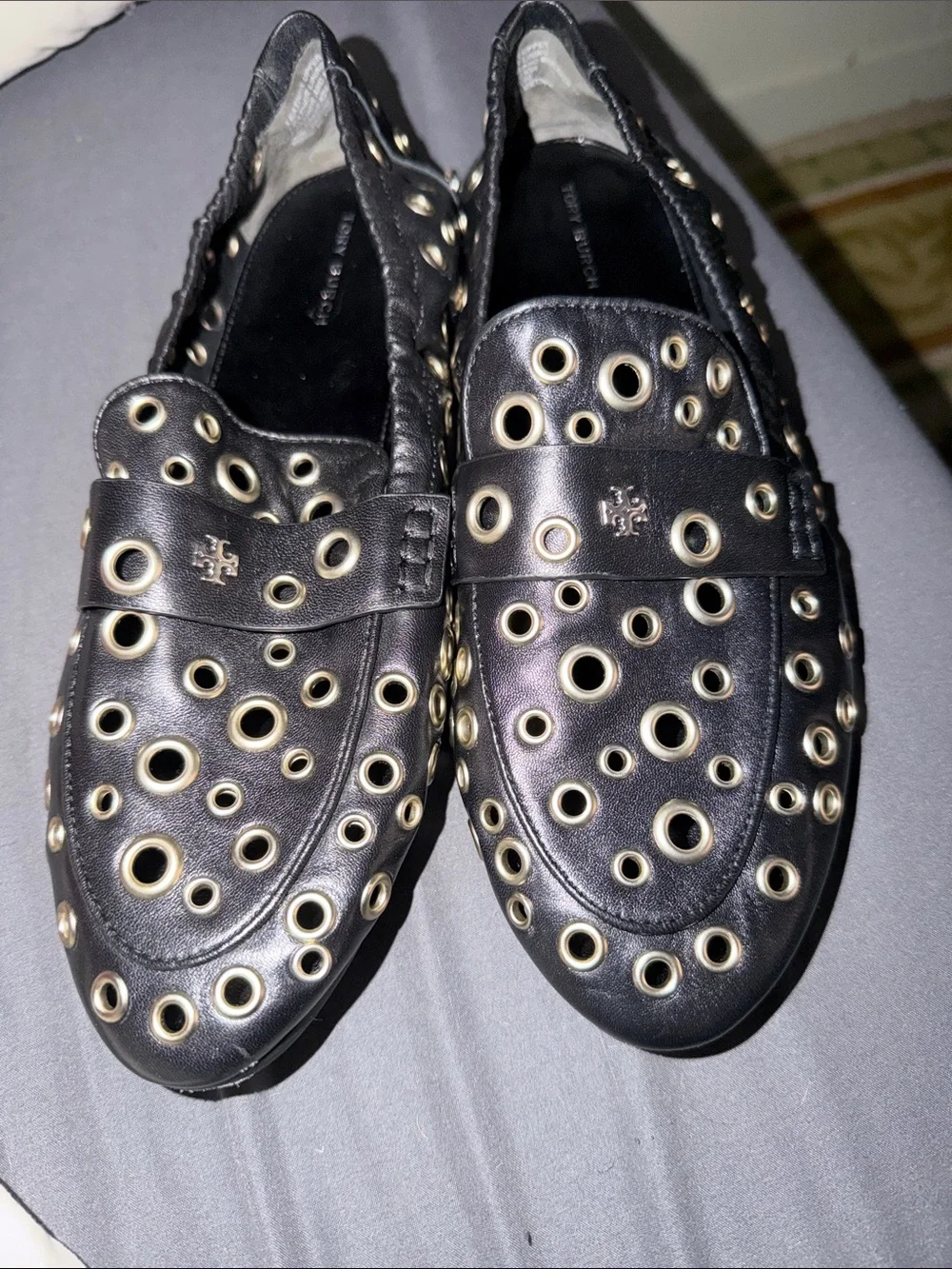 Tory Burch Black Leather eyelet ballet loafers size 9